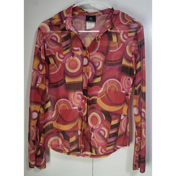 VTG 90s Y2K button up mesh sheer retro top retro funky rave Anxiety Cafe USA MED - Picture 2 of 9